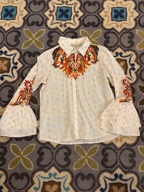 Soft Surroundings Ivory Bell Sleeve Blouse with Multicolor Embroidery